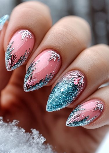 Stunning winter nail art with snowflakes and glitter on pink stiletto nails for a frosty look.