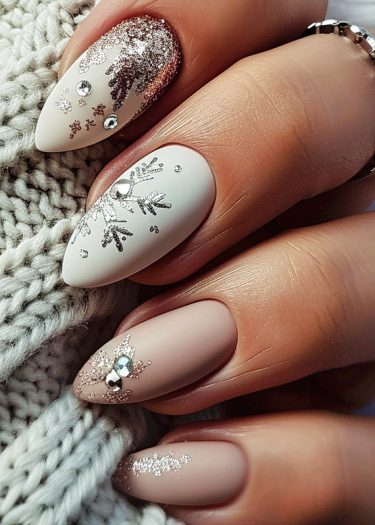 Elegant winter nail art featuring metallic accents and snowflake designs on almond-shaped nails.