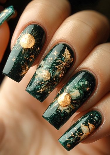 Elegant deep green and gold celestial nail art design with intricate botanical details.