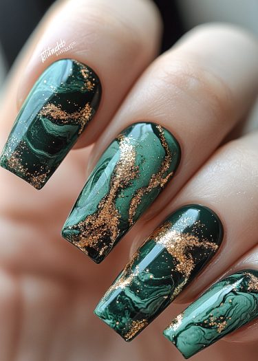 Elegant emerald green and gold marble nail art with a glossy finish and intricate design.