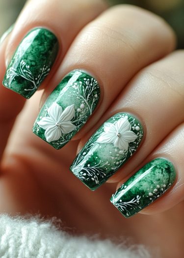 Elegant emerald green floral nail art with embossed flowers and sparkling rhinestones.