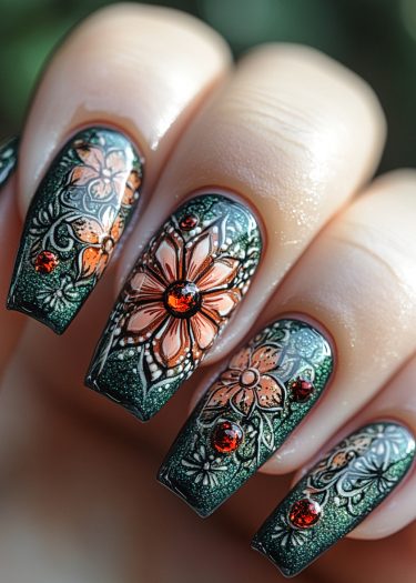 Elegant emerald green floral nail art with glitter and gems for a luxurious look.