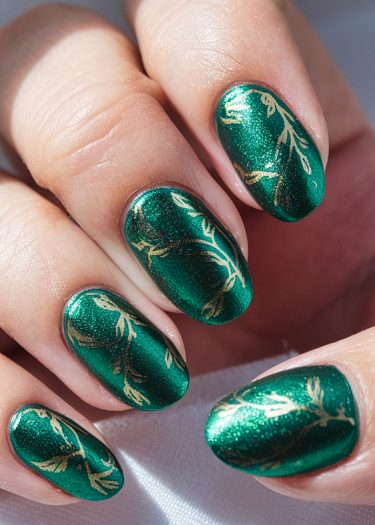 Elegant emerald-green nail art with gold intricate designs and a glossy finish.