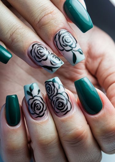 Elegant emerald green nail art with intricate black rose designs on soft pink backgrounds.