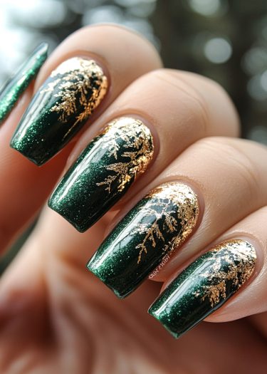 Elegant dark green nail art with gold foil detailing for a festive and luxurious look.