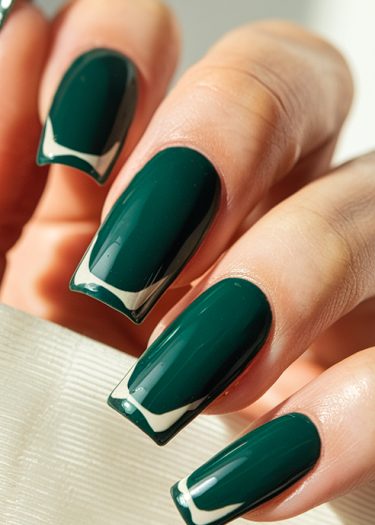 Elegant emerald green nails with silver accents in a glossy finish, showcasing intricate nail art.