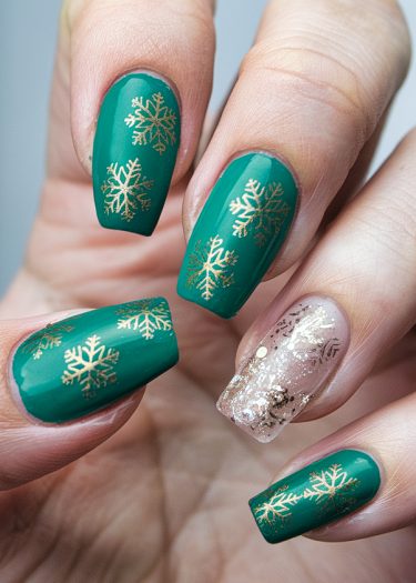 Elegant emerald green nails with golden snowflakes and shimmering accents for a festive look.