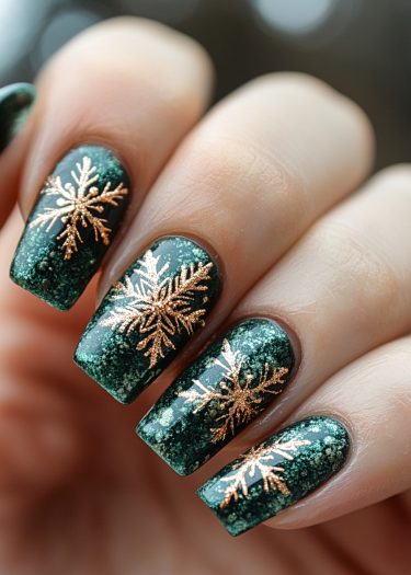 Stunning emerald green snowflake nail art, perfect for festive winter celebrations.