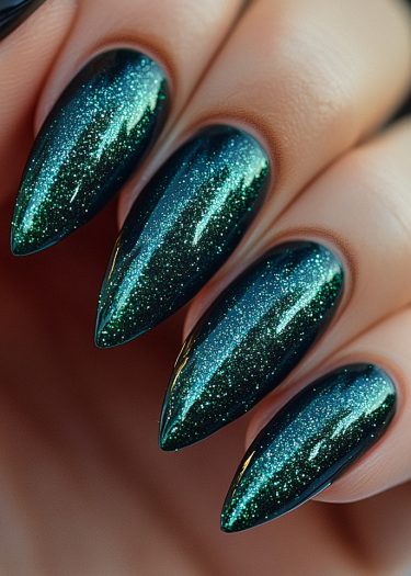 Elegant emerald green stiletto nails with shimmering polish and flawless, manicured precision.