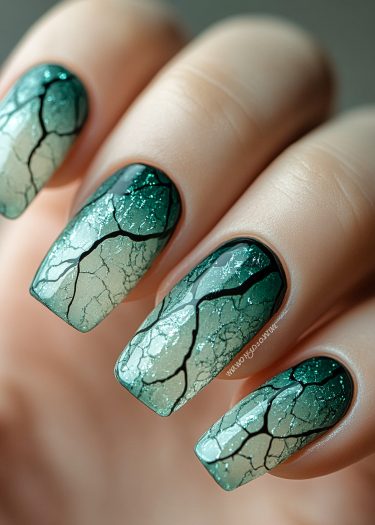 Elegant stiletto nails with emerald to mint gradient and intricate black veining nail art.