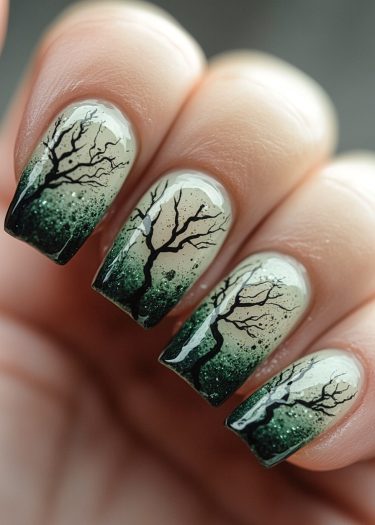 Enchanting forest nail art with intricate tree silhouettes and shimmering green gradient design.