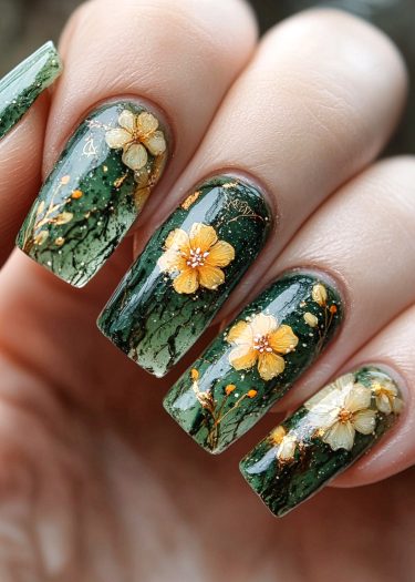 Stunning green nail art with yellow flowers and intricate botanical designs for spring elegance.