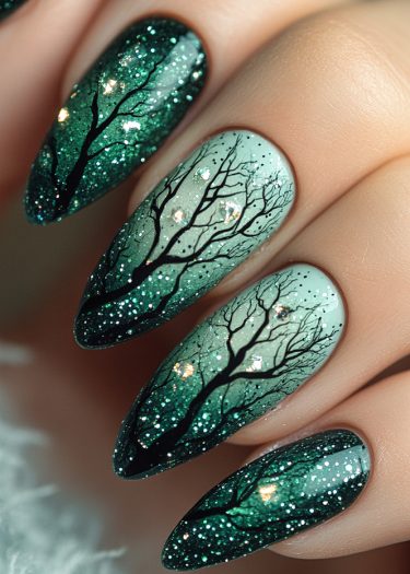 Mystical green nail art featuring tree silhouettes and sparkling accents evokes a forest ambiance.