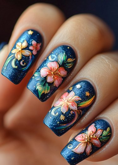 Stunning blue floral nail art with gold accents, glitter, and intricate designs for a cosmic look.