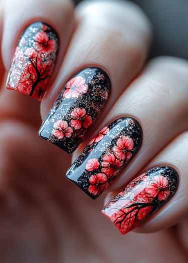 Exquisite floral nail art featuring cherry blossoms on glossy black nails with glitter accents.