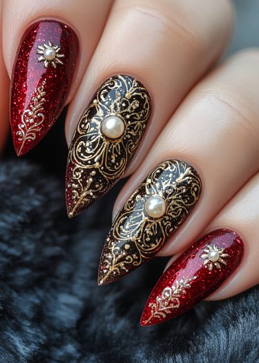 Exquisite stiletto manicure featuring glittery red and glossy black nails with intricate gold designs.