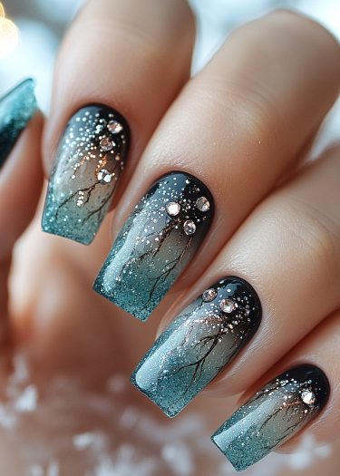 Exquisite teal ombre nails with rhinestones and shimmering designs for elegant nail art.