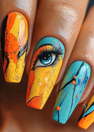 Vivid nail art featuring a detailed eye design and vibrant abstract patterns.