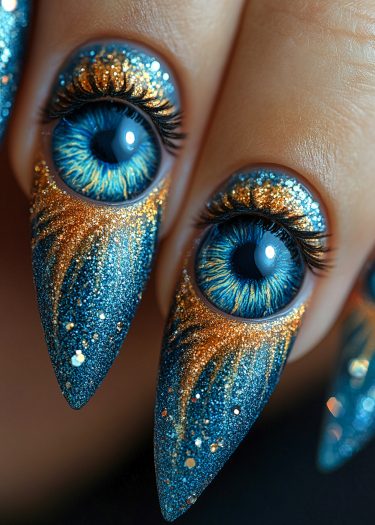 Surreal eye nail art design with intricate glitter and lifelike details for dramatic elegance.