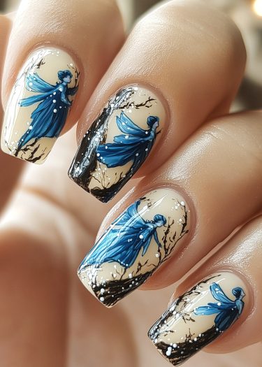 Enchanting fairy nail art with intricate designs, blue attire, and whimsical woodland themes.