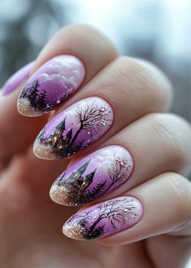 Enchanting fantasy nail art featuring a gothic castle and dreamy twilight landscape.