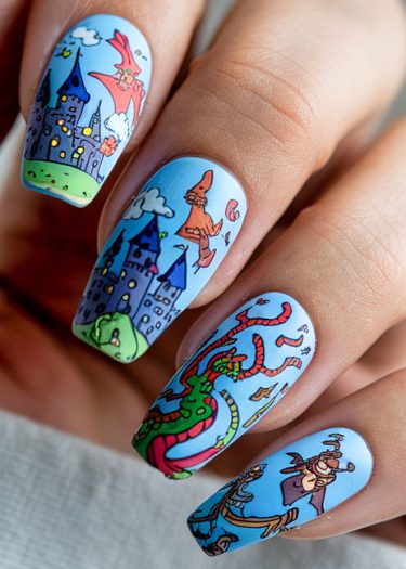 Whimsical fantasy nail art featuring a castle, witch, dragon, and magical characters in vibrant colors.