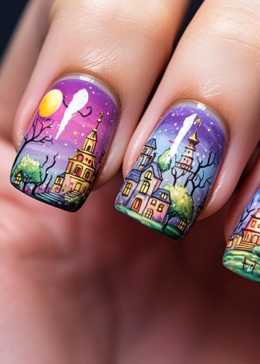 Whimsical fantasy village nail art featuring colorful houses, stars, and a glowing moon.