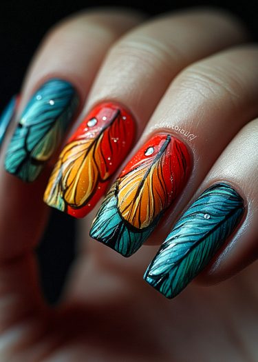 Vibrant feather nail art design showcasing intricate colors and patterns on manicured nails.