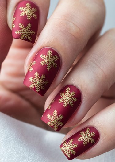 Elegant red matte nails with gold snowflakes, perfect for festive winter celebrations.