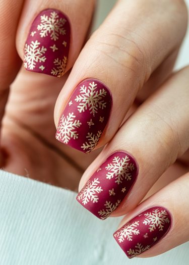 Festive burgundy nails with gold snowflakes for a luxurious holiday nail art design.