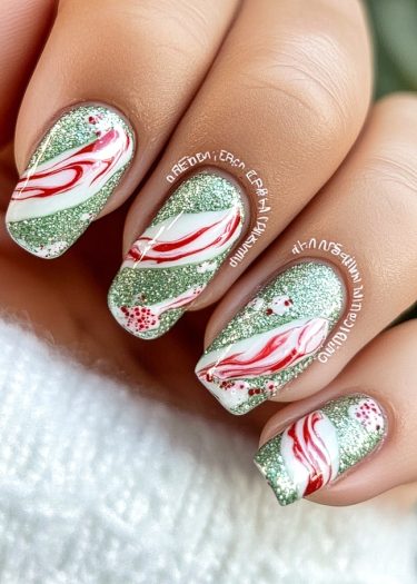 Festive green glitter nail art with holiday swirls in red and white for cheerful celebrations.