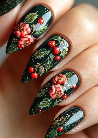 Festive green nail art featuring poinsettias, holly, and gold accents for a holiday manicure.