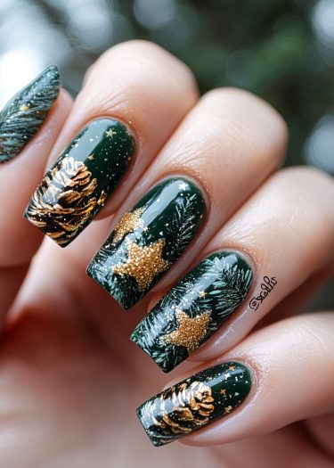 Elegant forest green nail art with gold accents, featuring festive botanical designs and detailed motifs.