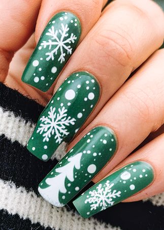 Festive green winter nail art featuring snowflakes and Christmas tree designs for seasonal style.