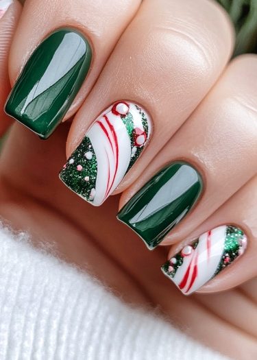 Festive green and white nail art with holiday designs, featuring glitter and candy cane accents.