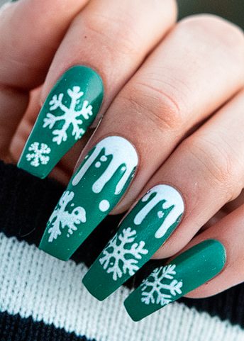 Winter-themed green nails with intricate snowflake designs and icicle effects for a festive look.