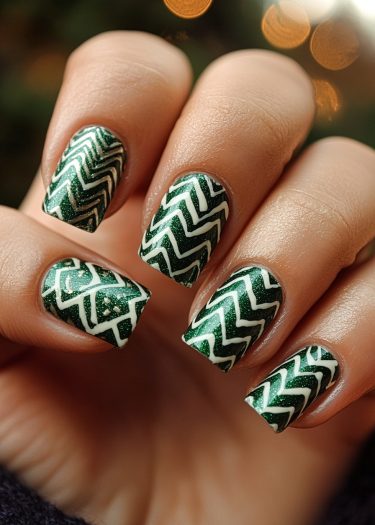 Glossy green nails with white zigzag design, perfect for festive celebrations and elegant occasions.