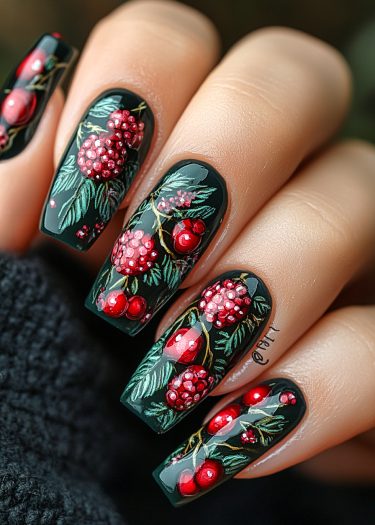 Elegant festive holly nail art featuring glossy black, vibrant red berries, and green leaves.