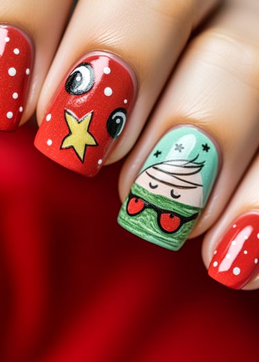 Festive nail art featuring vibrant red, playful designs, and cheerful cartoon characters for a holiday theme.