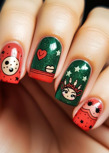 Whimsical festive nail art with colorful designs and animated characters on beautifully painted nails.