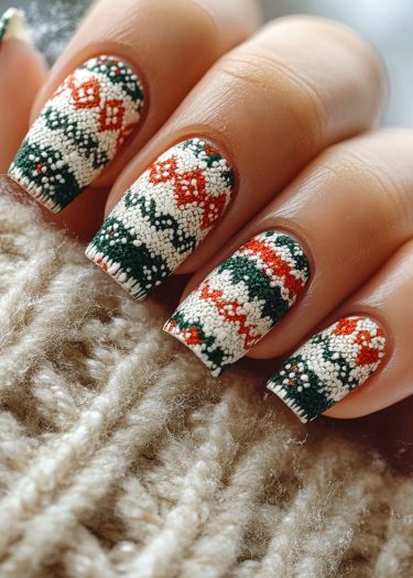 Cozy winter-themed festive nail art featuring intricate knitted designs in red, green, and white.