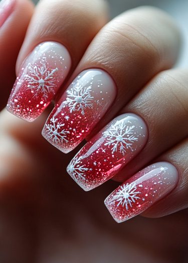 Stunning winter-themed nail art with glittery ombre red and elegant snowflakes design.