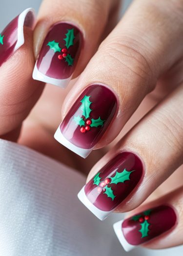 Elegant burgundy holiday nail art with festive holly and berries in French tip design.