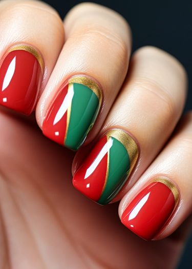 Festive red and green nail design with gold accents for a stunning, polished look.