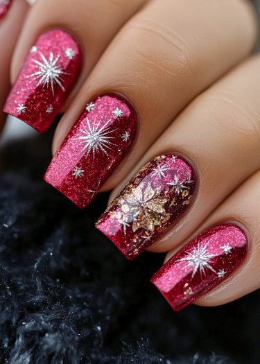 Festive red nail art with glitter and starburst designs for a stunning holiday look.