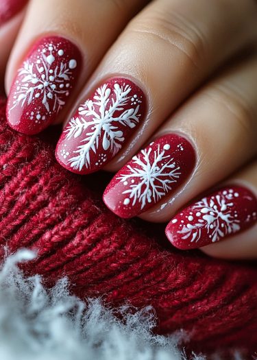 Beautiful festive red nail art with intricate white snowflakes on manicured nails.