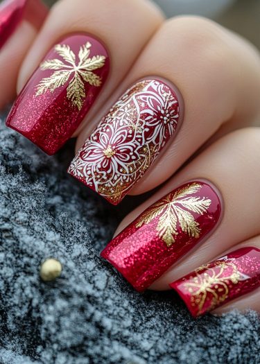 Elegant festive red nail art with gold designs and intricate floral patterns for holiday celebrations.