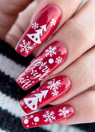 Elegant red holiday nail art featuring snowflakes, Christmas trees, and Merry Bright script.