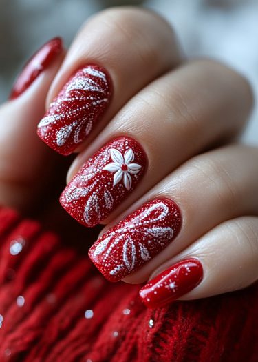 Elegant festive red nail art with intricate white snowflake designs and a charming 3D flower.