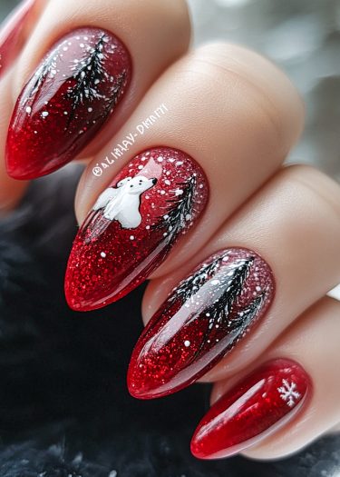 Elegant winter nail art featuring a polar bear, evergreen trees, and glittery red polish.